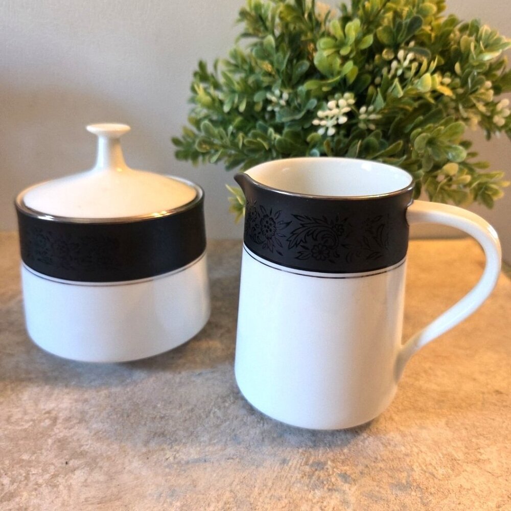 Noritake Mirano 6878 Sugar Bowl with Lid and Creamer Pitcher Platinum Edge Black